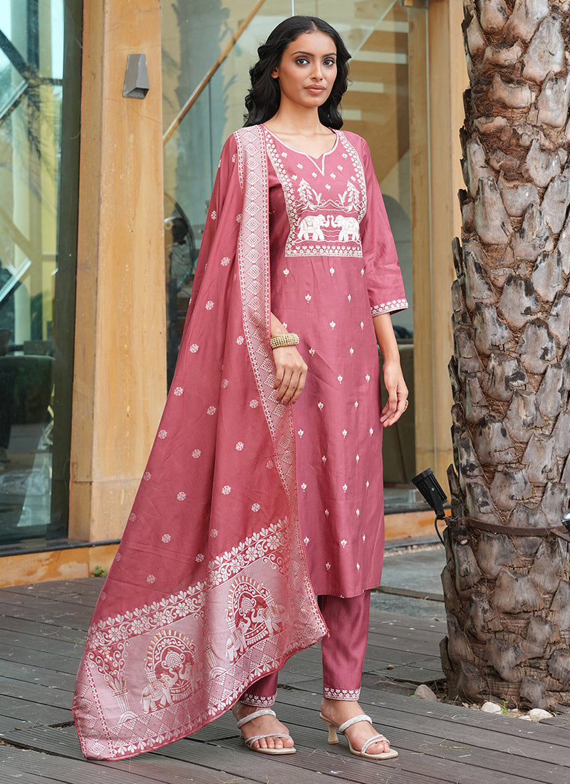 Prazu Fashion Peach Art Silk Thread Sequins Embroidered Wedding Suit | Grocsy