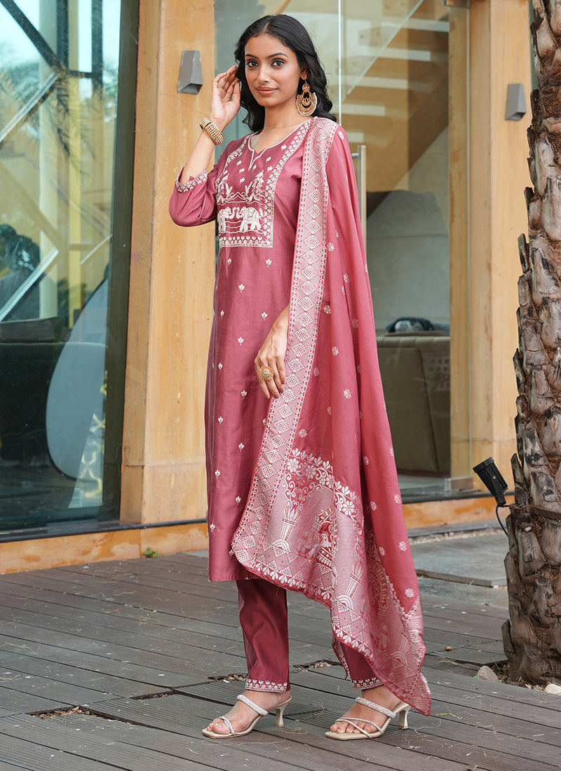 Prazu Fashion Peach Art Silk Thread Sequins Embroidered Wedding Suit | Grocsy