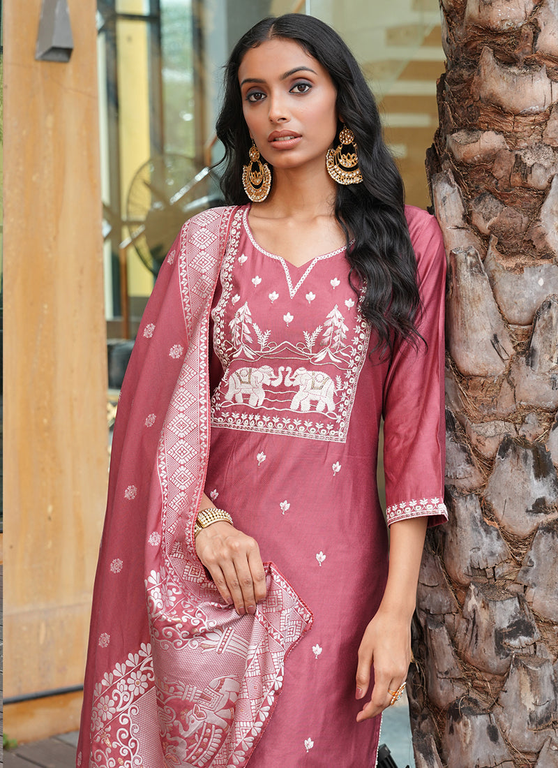 Prazu Fashion Peach Art Silk Thread Sequins Embroidered Wedding Suit | Grocsy