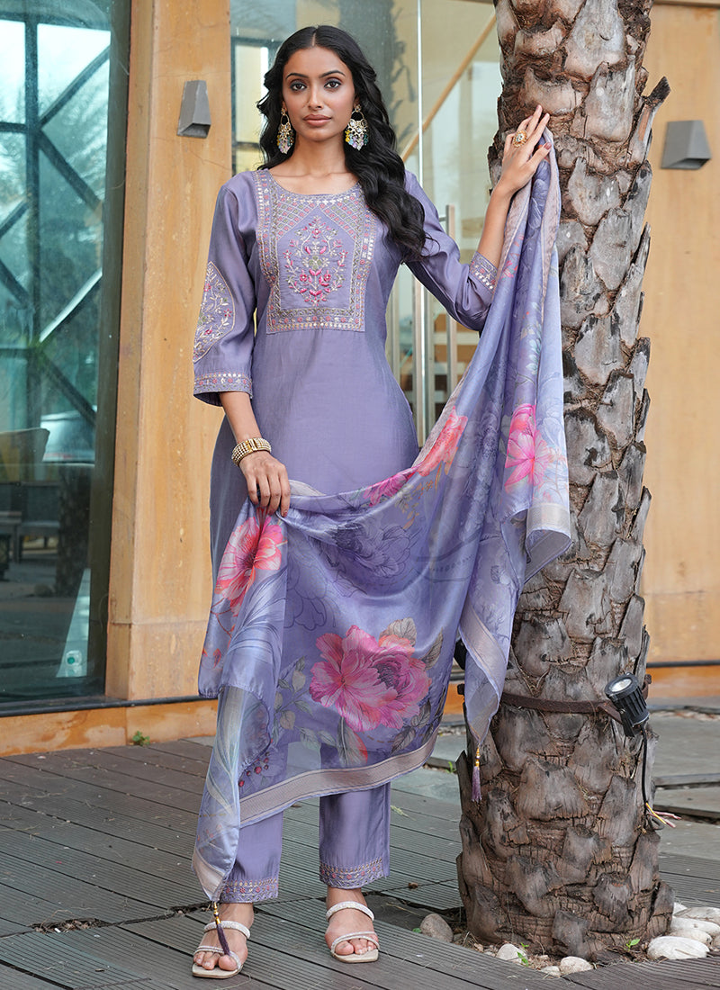 Prazu Fashion Lavender Cotton Silk Thread Sequence Designer Salwar Suit | Grocsy