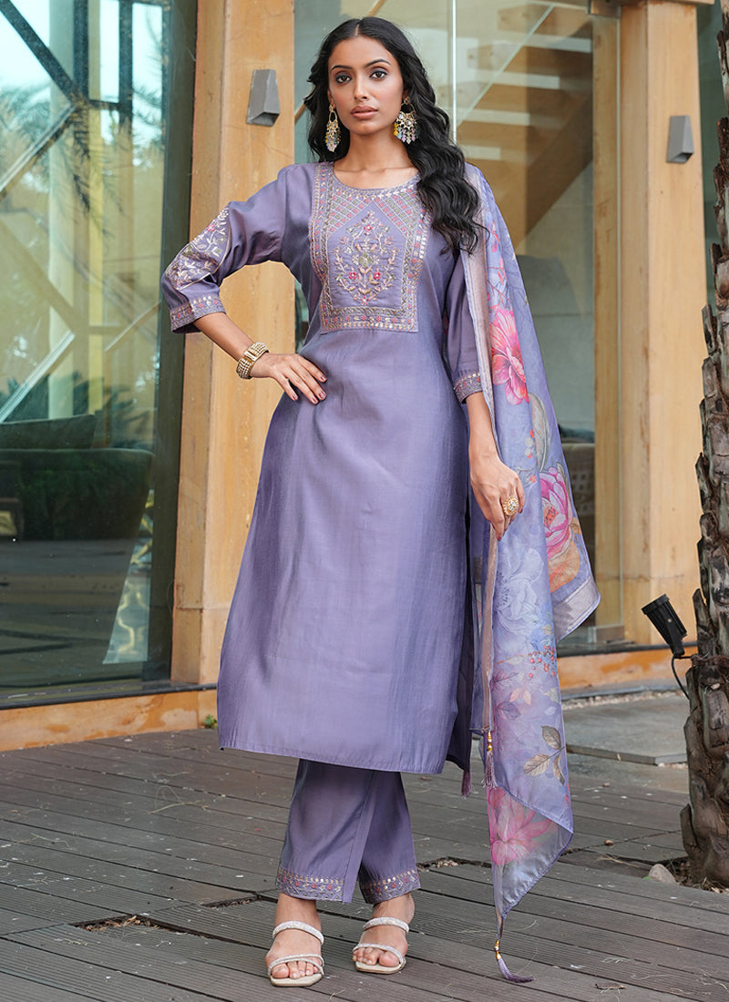 Prazu Fashion Lavender Cotton Silk Thread Sequence Designer Salwar Suit | Grocsy
