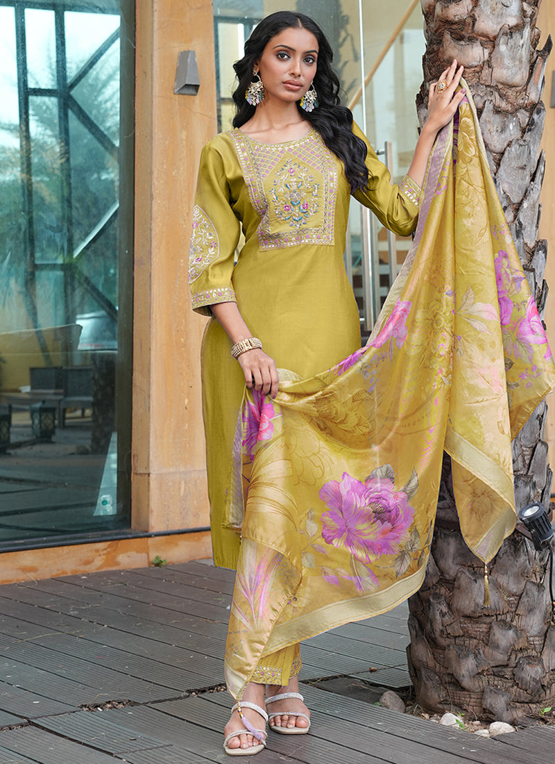 Prazu Fashion Yellow Cotton Silk Thread Sequence Designer Salwar Suit | Grocsy
