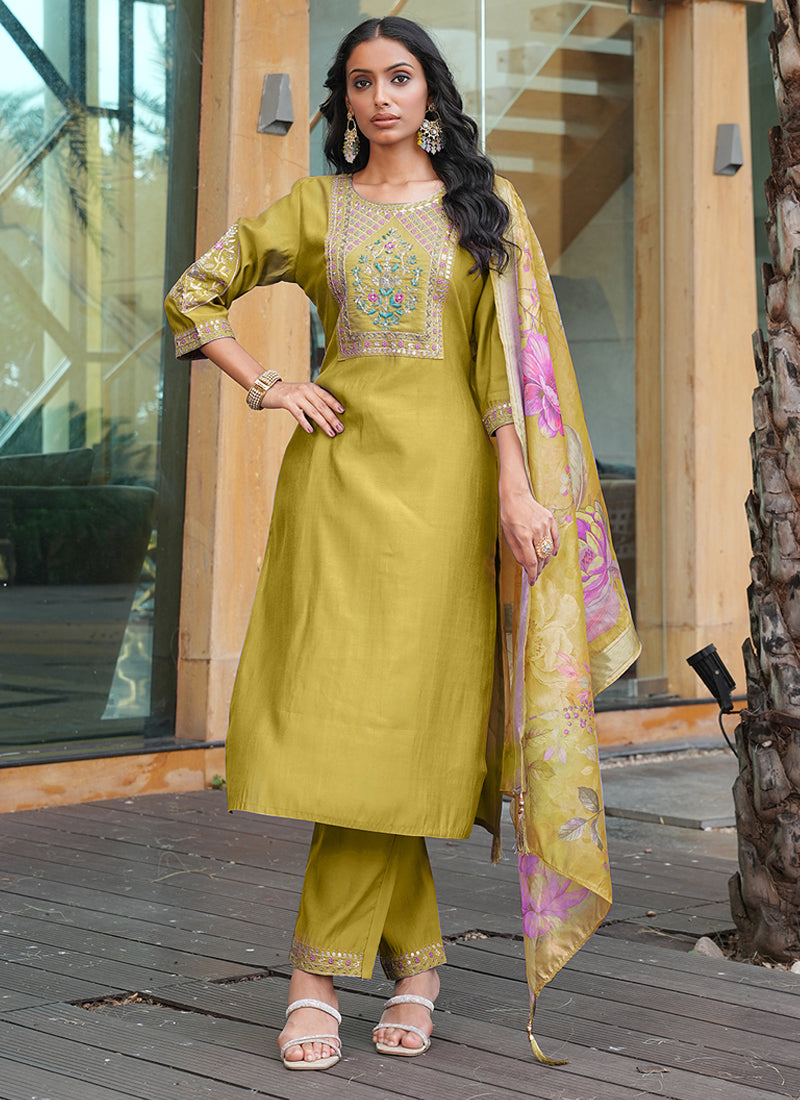 Prazu Fashion Yellow Cotton Silk Thread Sequence Designer Salwar Suit | Grocsy