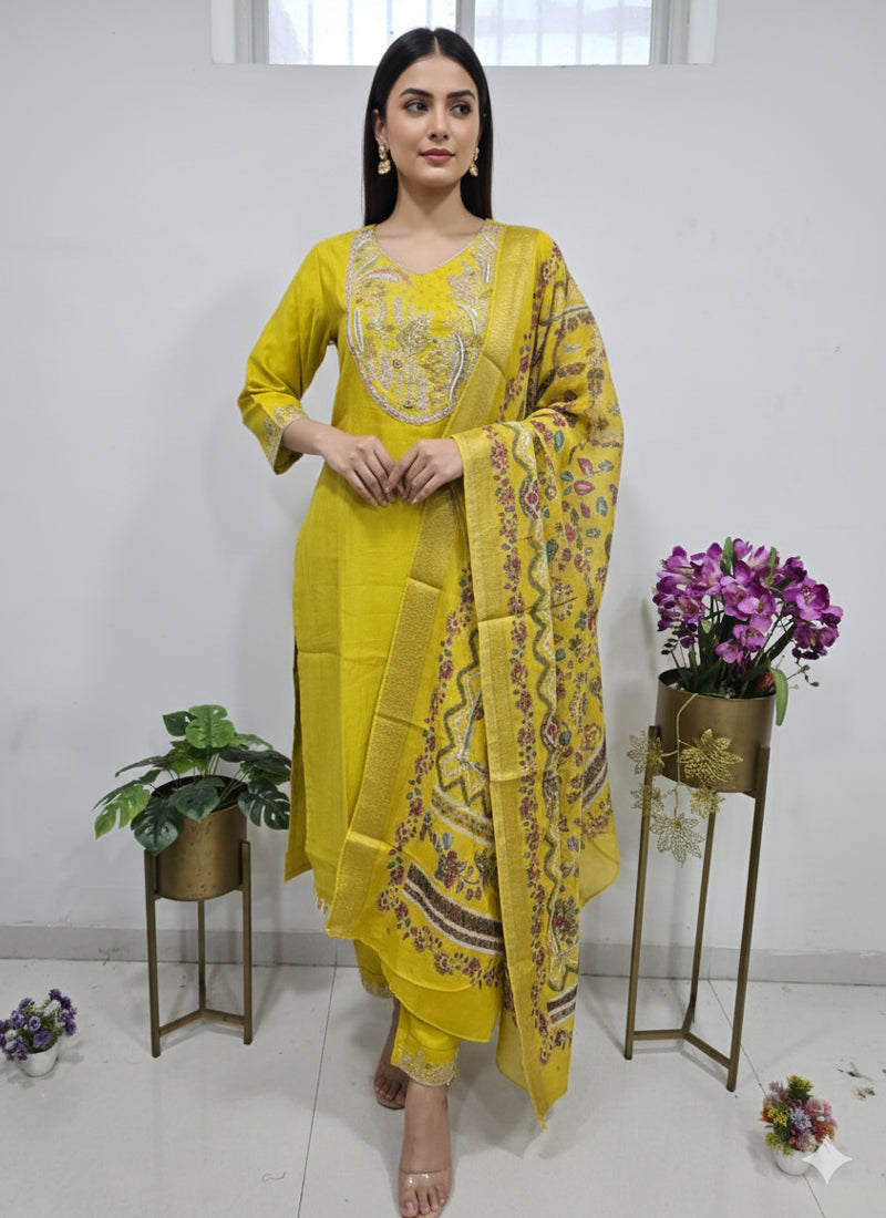 Prazu Fashion Yellow Cotton Silk Thread Sequence Designer Salwar Suit | Grocsy