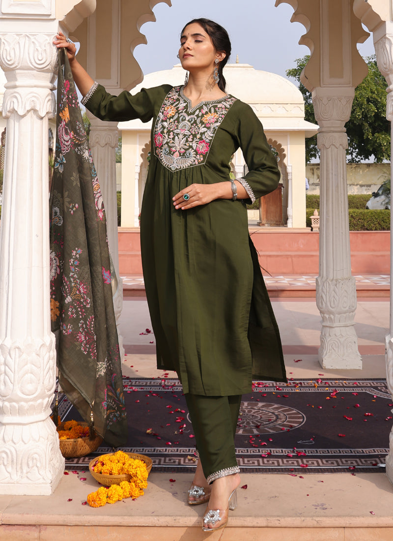 Prazu Fashion Mahendi Cotton Silk Thread Sequence Designer Salwar Suit | Grocsy