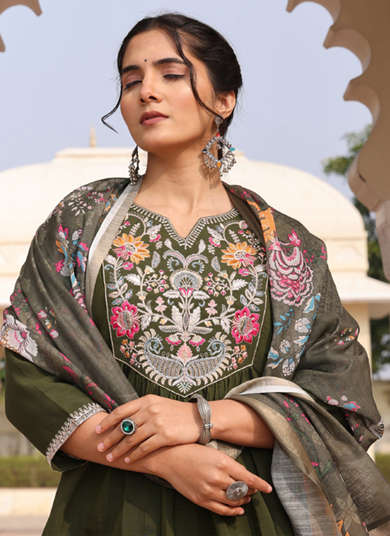 Prazu Fashion Mahendi Cotton Silk Thread Sequence Designer Salwar Suit | Grocsy