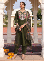 Prazu Fashion Mahendi Cotton Silk Thread Sequence Designer Salwar Suit | Grocsy