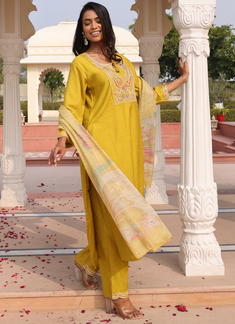 Prazu Fashion Yellow Cotton Silk Thread Sequence Designer Salwar Suit | Grocsy