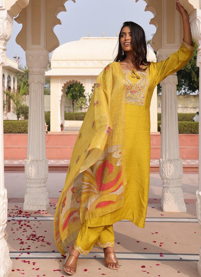 Prazu Fashion Yellow Cotton Silk Thread Sequence Designer Salwar Suit | Grocsy