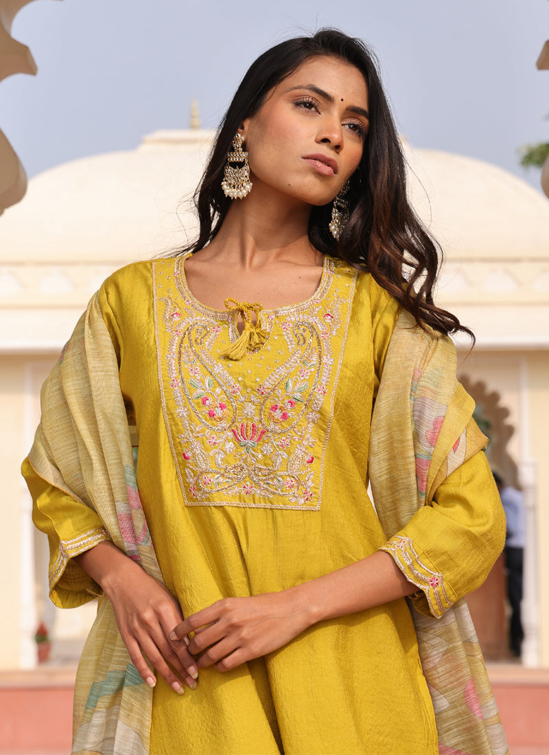 Prazu Fashion Yellow Cotton Silk Thread Sequence Designer Salwar Suit | Grocsy