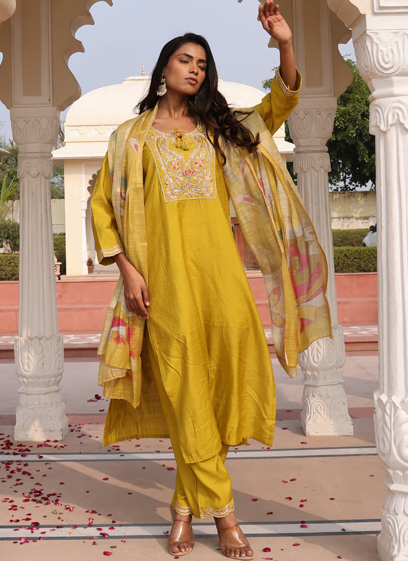 Prazu Fashion Yellow Cotton Silk Thread Sequence Designer Salwar Suit | Grocsy