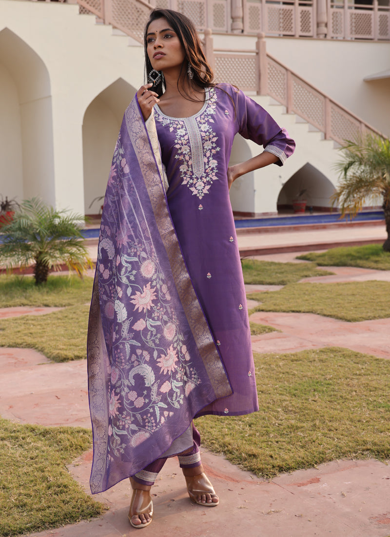 Prazu Fashion Lavender Shimmer Silk Thread Embroidered Salwar Suit | Grocsy