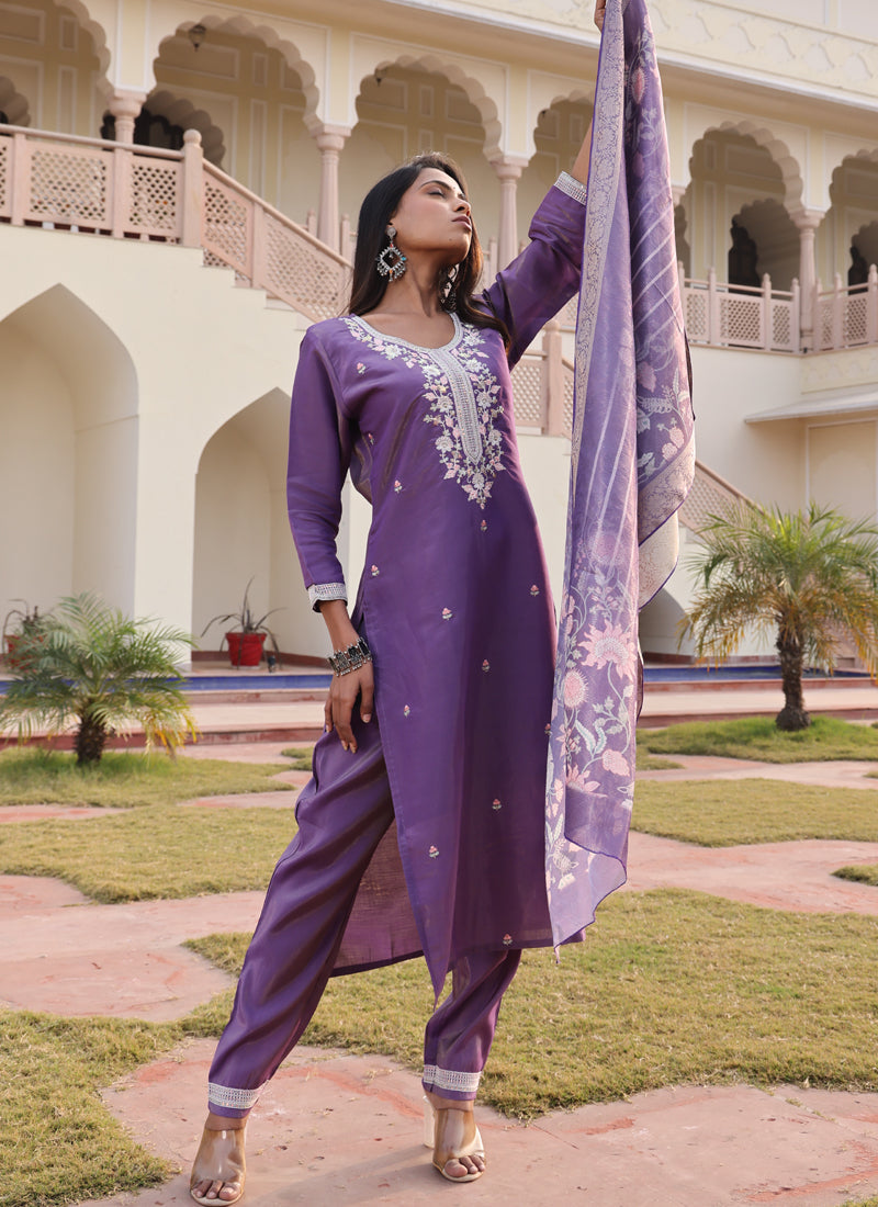 Prazu Fashion Lavender Shimmer Silk Thread Embroidered Salwar Suit | Grocsy