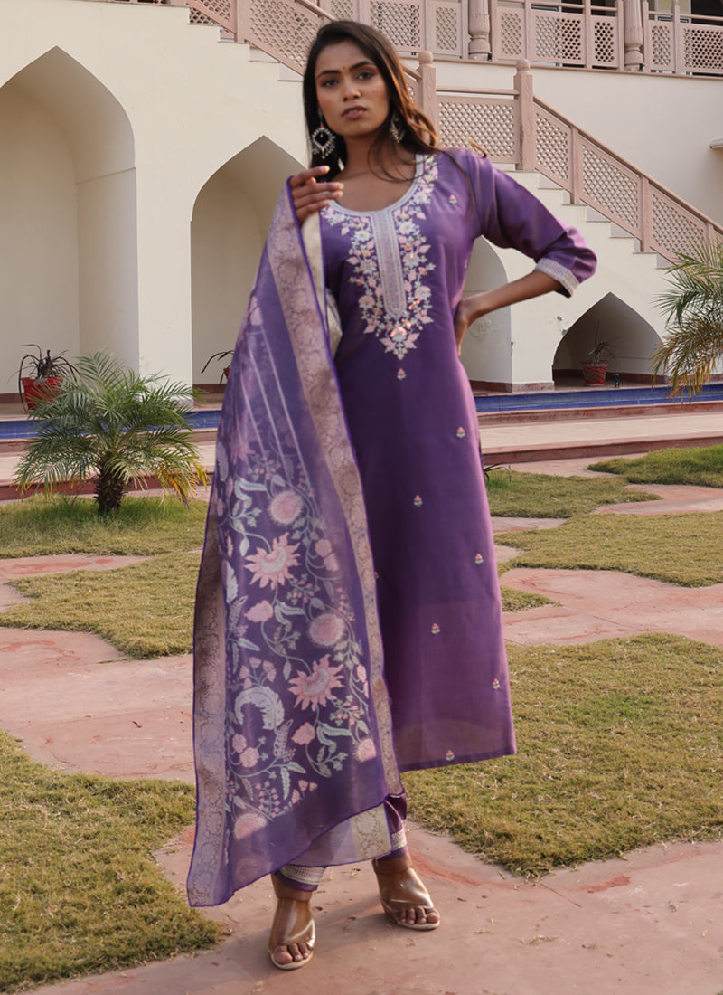 Prazu Fashion Lavender Shimmer Silk Thread Embroidered Salwar Suit | Grocsy