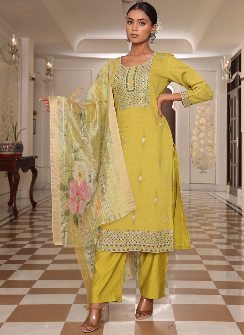 Prazu Fashion Yellow Cotton Silk Thread Sequence Designer Salwar Suit | Grocsy