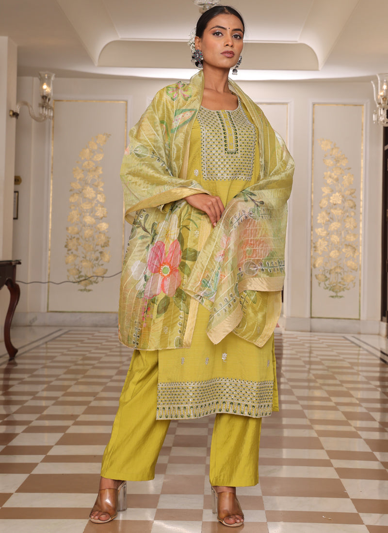 Prazu Fashion Yellow Cotton Silk Thread Sequence Designer Salwar Suit | Grocsy