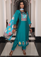 Prazu Fashion Teal Blue Viscose Shimmer Thread Embroidered Salwar Suit | Grocsy