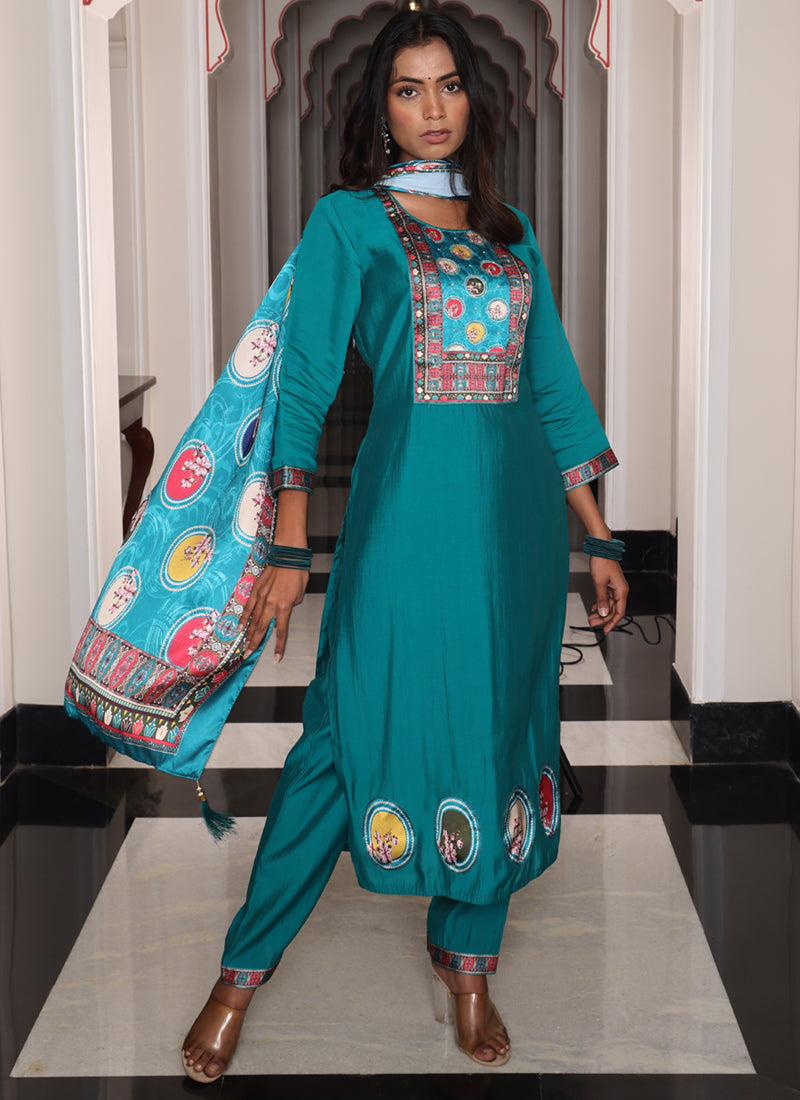 Prazu Fashion Teal Blue Viscose Shimmer Thread Embroidered Salwar Suit | Grocsy