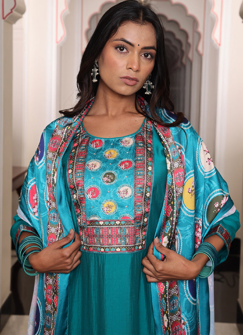 Prazu Fashion Teal Blue Viscose Shimmer Thread Embroidered Salwar Suit | Grocsy