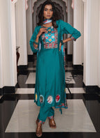 Prazu Fashion Teal Blue Viscose Shimmer Thread Embroidered Salwar Suit | Grocsy