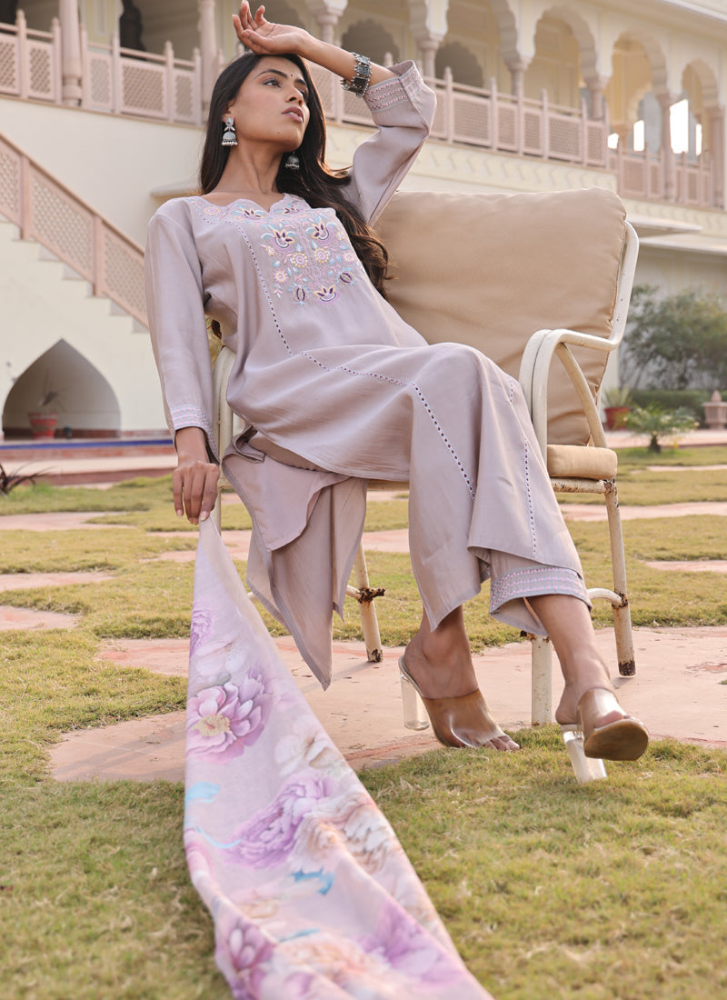 Prazu Fashion Beige Cotton Silk Thread Sequence Designer Salwar Suit | Grocsy