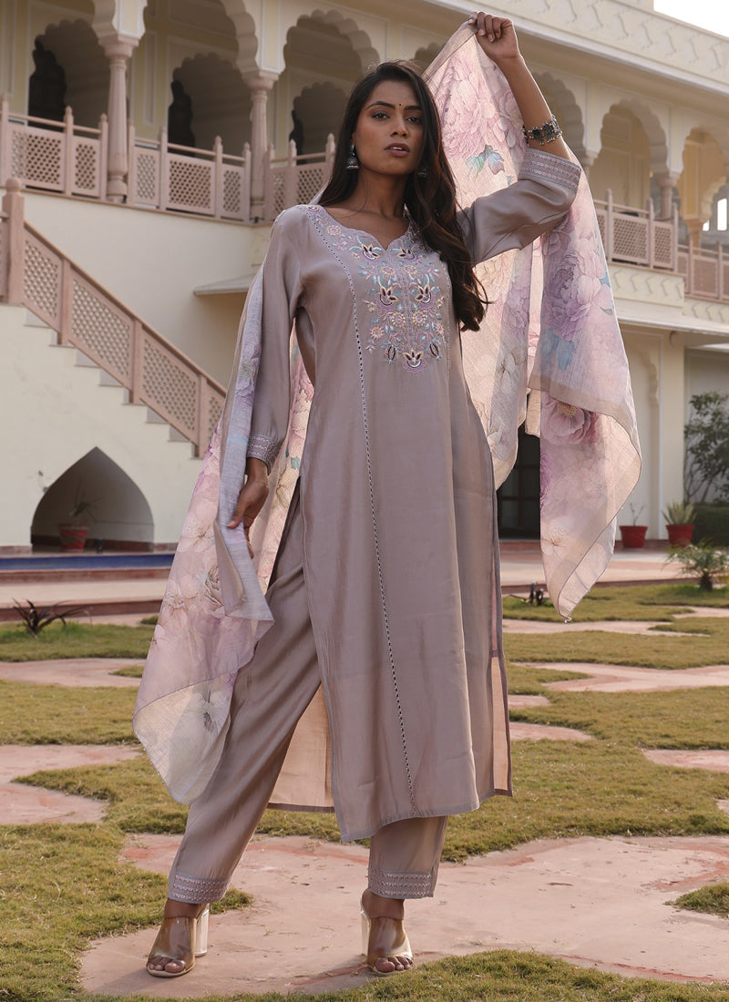 Prazu Fashion Beige Cotton Silk Thread Sequence Designer Salwar Suit | Grocsy