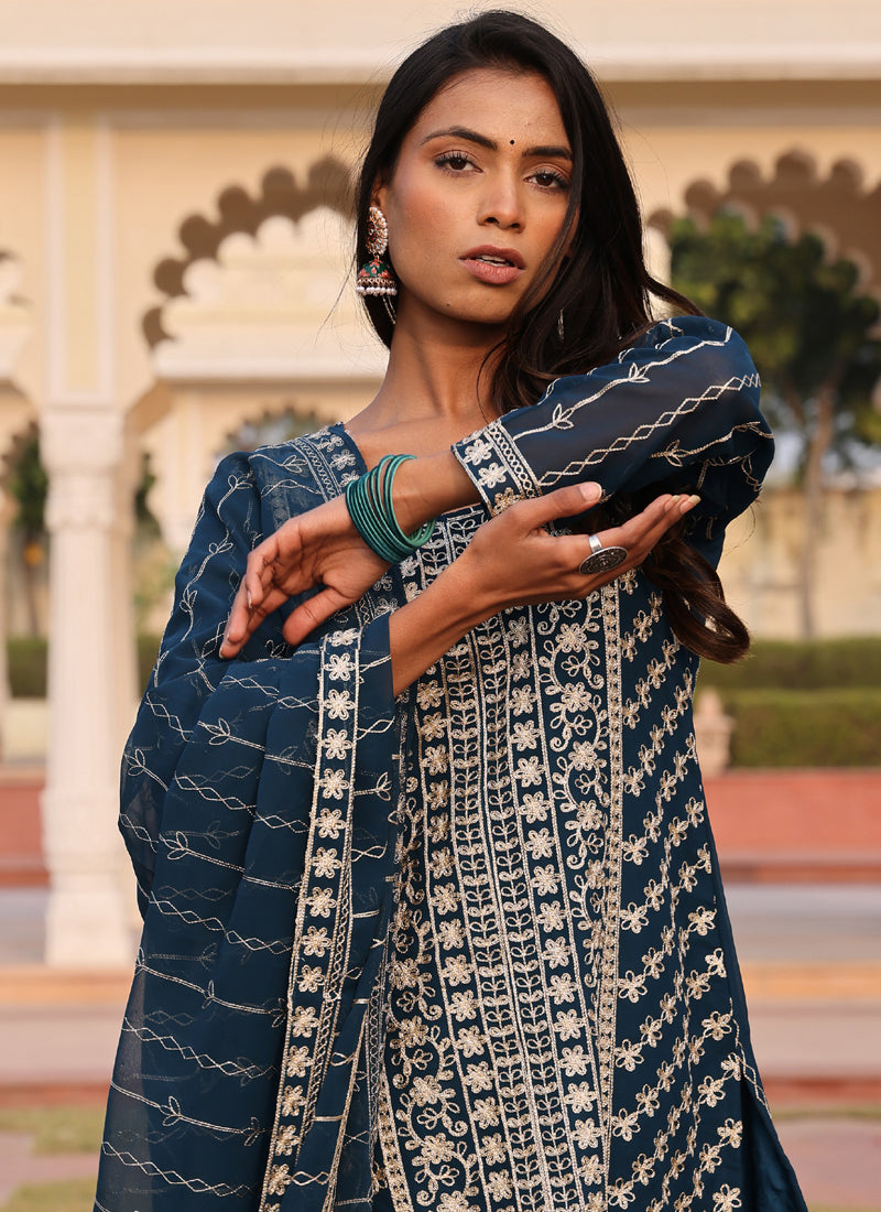 Prazu Fashion Rama Georgette Thread Embroidery Chain Stitch Work Salwar Suit | Grocsy