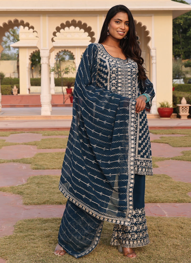 Prazu Fashion Rama Georgette Thread Embroidery Chain Stitch Work Salwar Suit | Grocsy