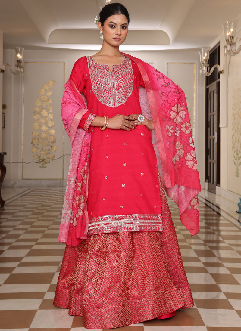 Prazu Fashion Pink Cotton Silk Embroidered Sequence Lehenga Style Suit | Grocsy