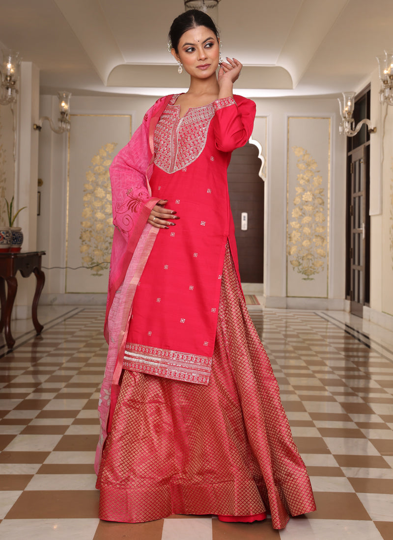 Prazu Fashion Pink Cotton Silk Embroidered Sequence Lehenga Style Suit | Grocsy