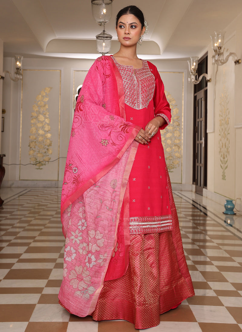 Prazu Fashion Pink Cotton Silk Embroidered Sequence Lehenga Style Suit | Grocsy