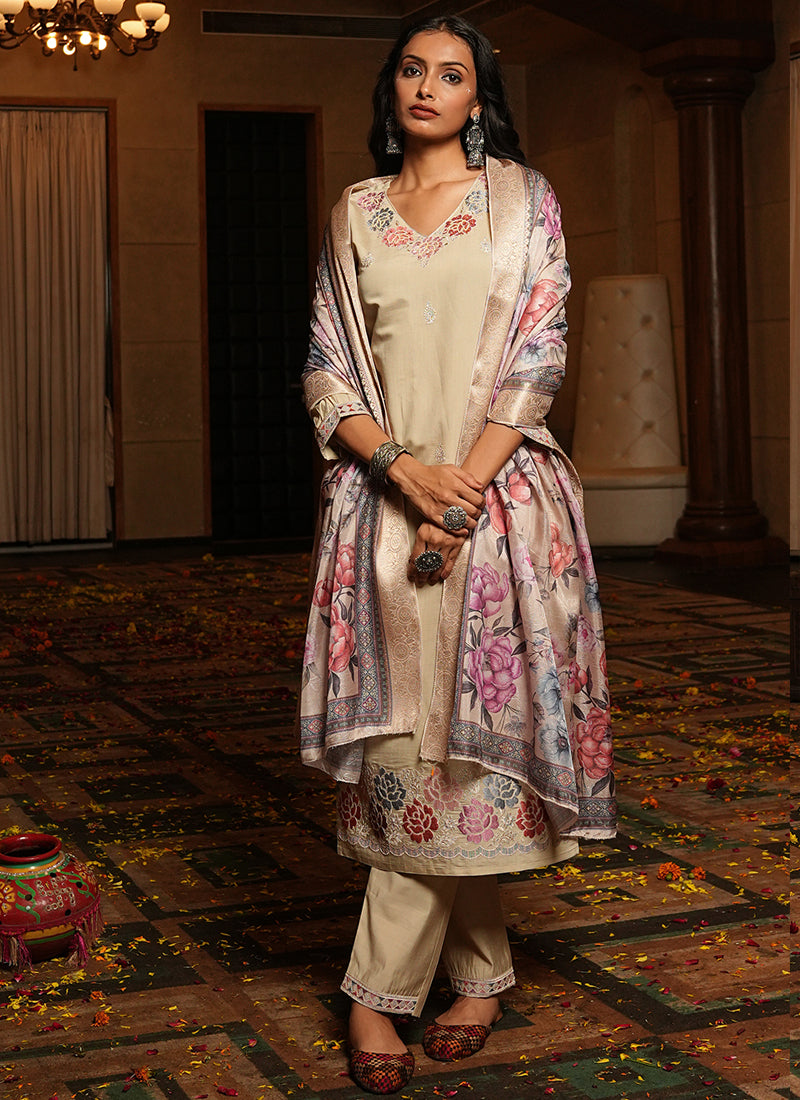 Prazu Fashion Beige Cotton Silk Thread Sequence Designer Salwar Suit | Grocsy