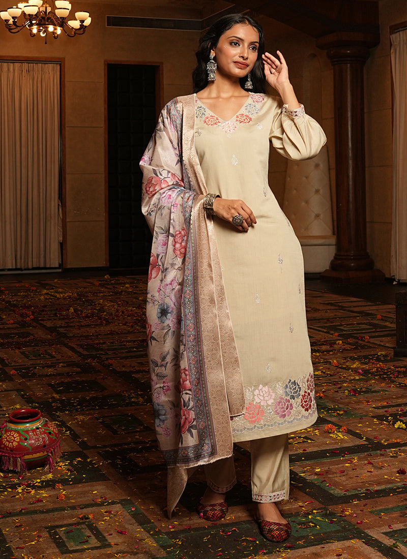 Prazu Fashion Beige Cotton Silk Thread Sequence Designer Salwar Suit | Grocsy