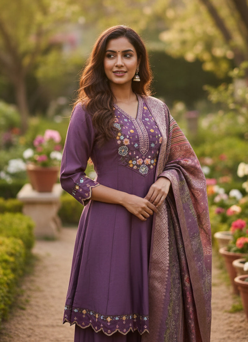 Prazu Fashion Purple Cotton Silk Thread Sequence Designer Palazzo Suit | Grocsy