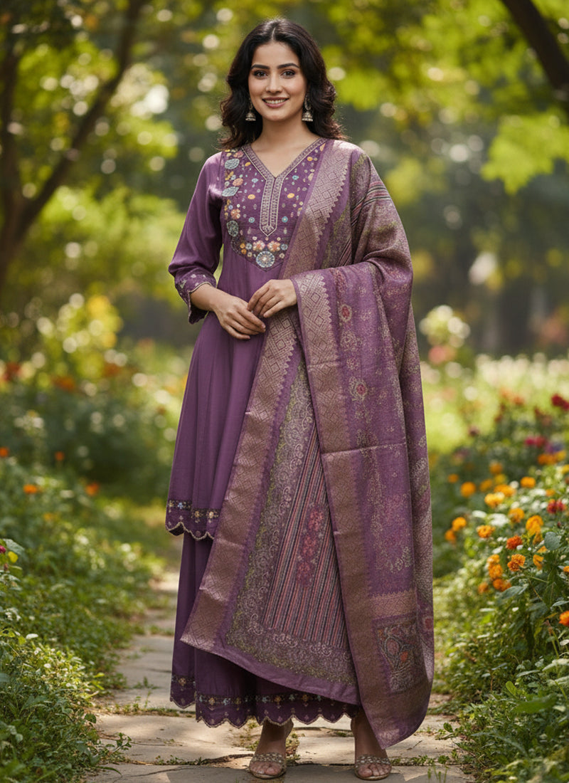 Prazu Fashion Purple Cotton Silk Thread Sequence Designer Palazzo Suit | Grocsy