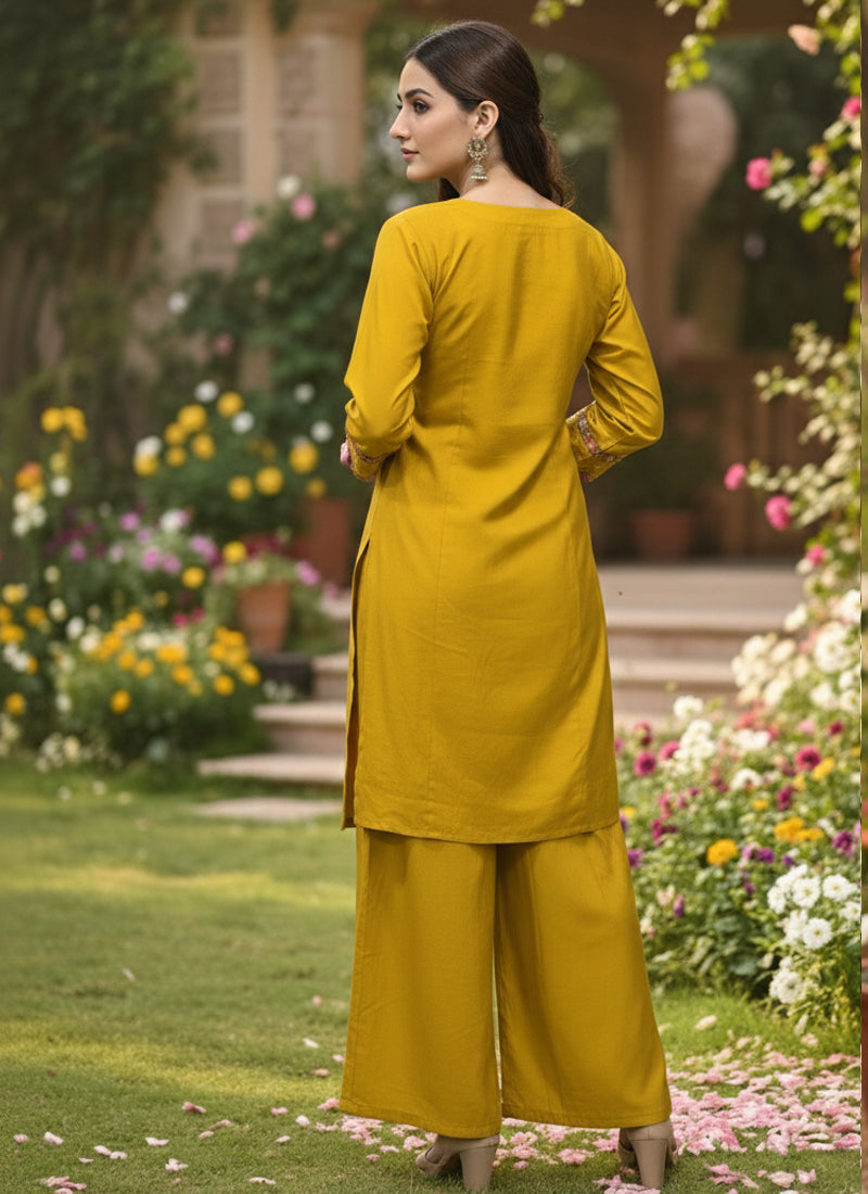 Prazu Fashion Yellow Cotton Silk Thread Sequence Designer Palazzo Suit | Grocsy