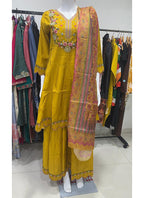 Prazu Fashion Yellow Cotton Silk Thread Sequence Designer Palazzo Suit | Grocsy