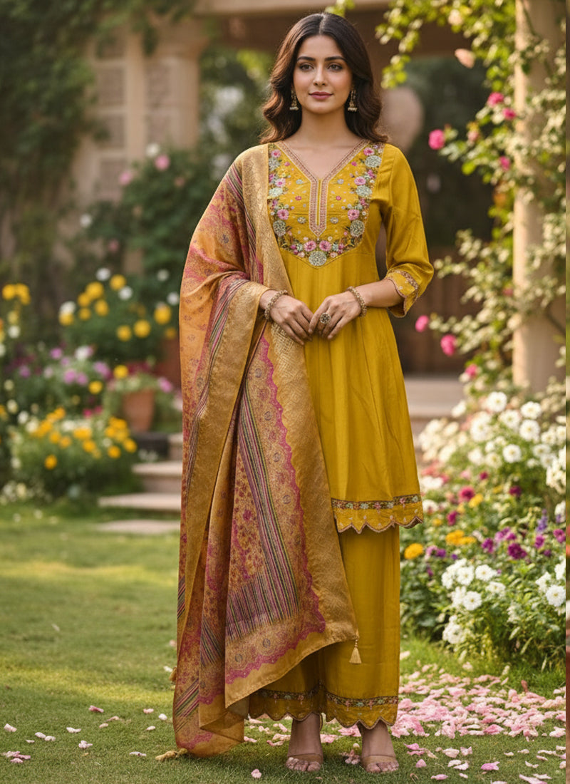 Prazu Fashion Yellow Cotton Silk Thread Sequence Designer Palazzo Suit | Grocsy