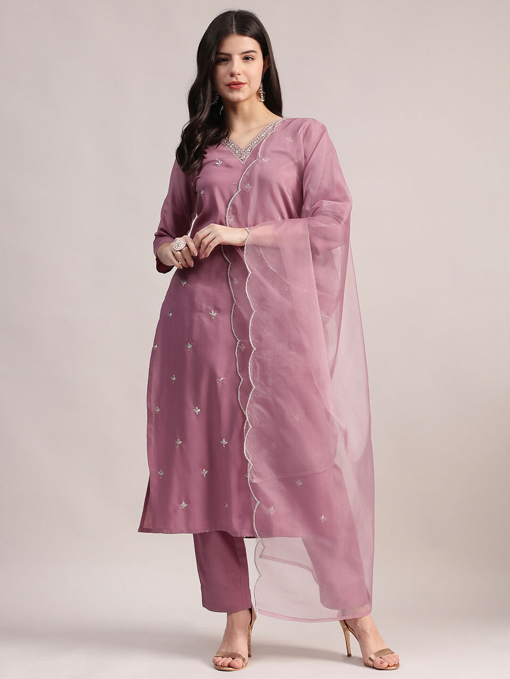 Aavyora Women Lavender Embroidered Chinon Kurta with Straight Pants & Organza Dupatta Set | Grocsy
