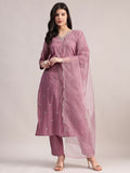 Aavyora Women Lavender Embroidered Chinon Kurta with Straight Pants & Organza Dupatta Set | Grocsy