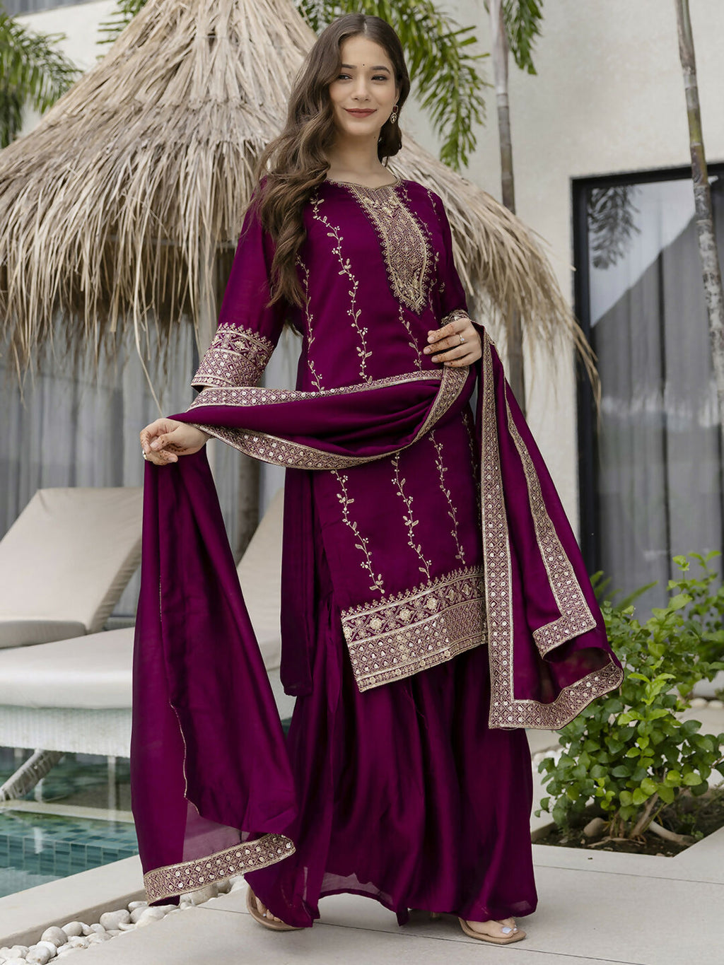 The52 Wine Beautiful Embroidered Vichitra Silk Fabric Straight Kurta, Palazzo and Dupatta Set | Grocsy