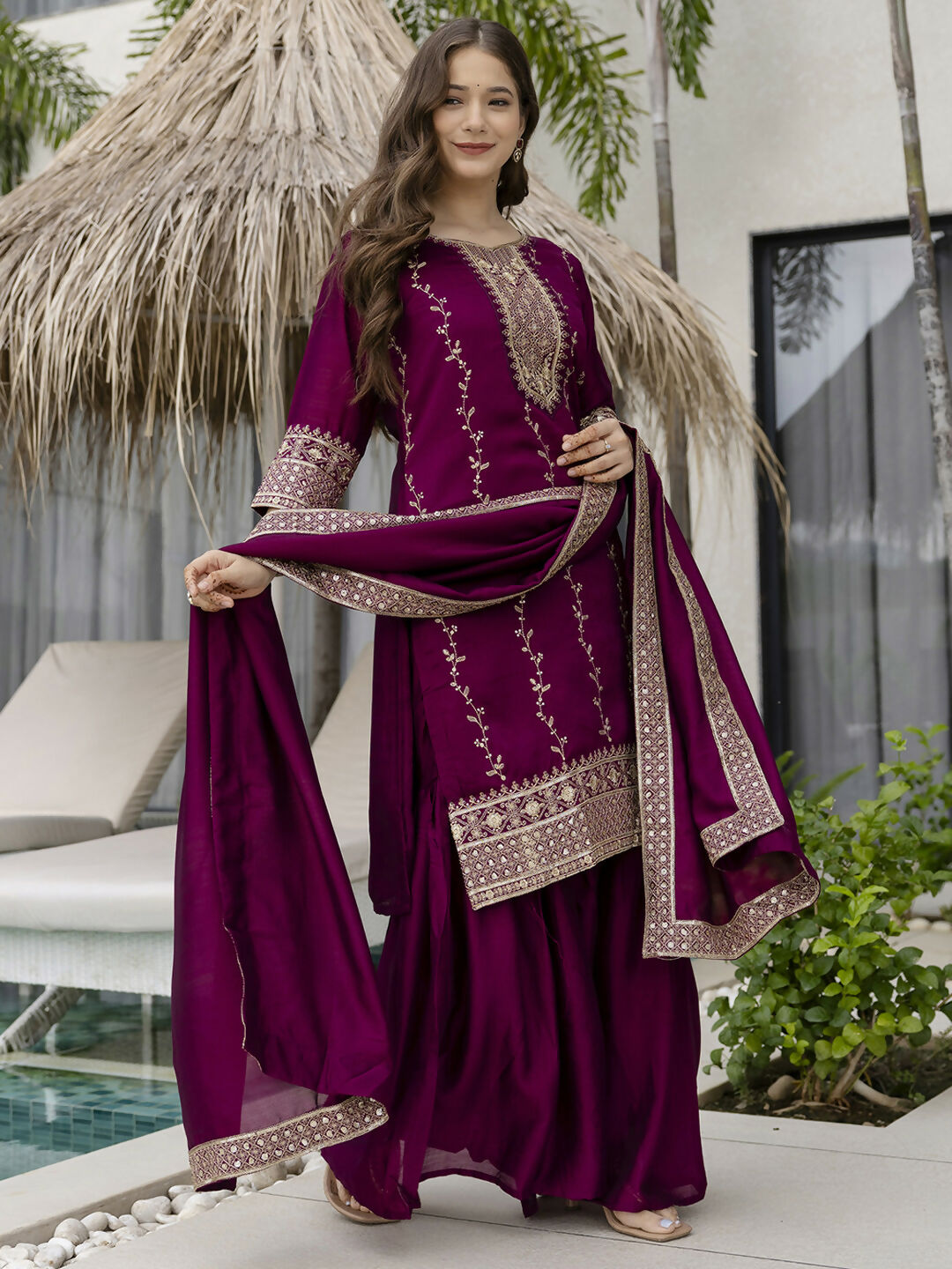 The52 Wine Beautiful Embroidered Vichitra Silk Fabric Straight Kurta, Palazzo and Dupatta Set | Grocsy