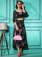 Black Crepe Floral Printed Top with Matching Skirt - Shivani | Grocsy