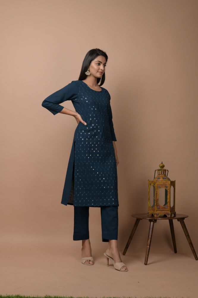 Kaajh Women's Navy Blue Solid Sequins Embellished Kurta Pant Set | Grocsy