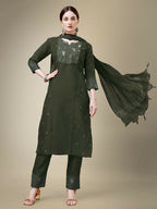 Jyoti Fashion Women's Dark Green Cotton Blend Embroidery & Fancy Lace work Kurta with Trouser & Dupatta | Grocsy