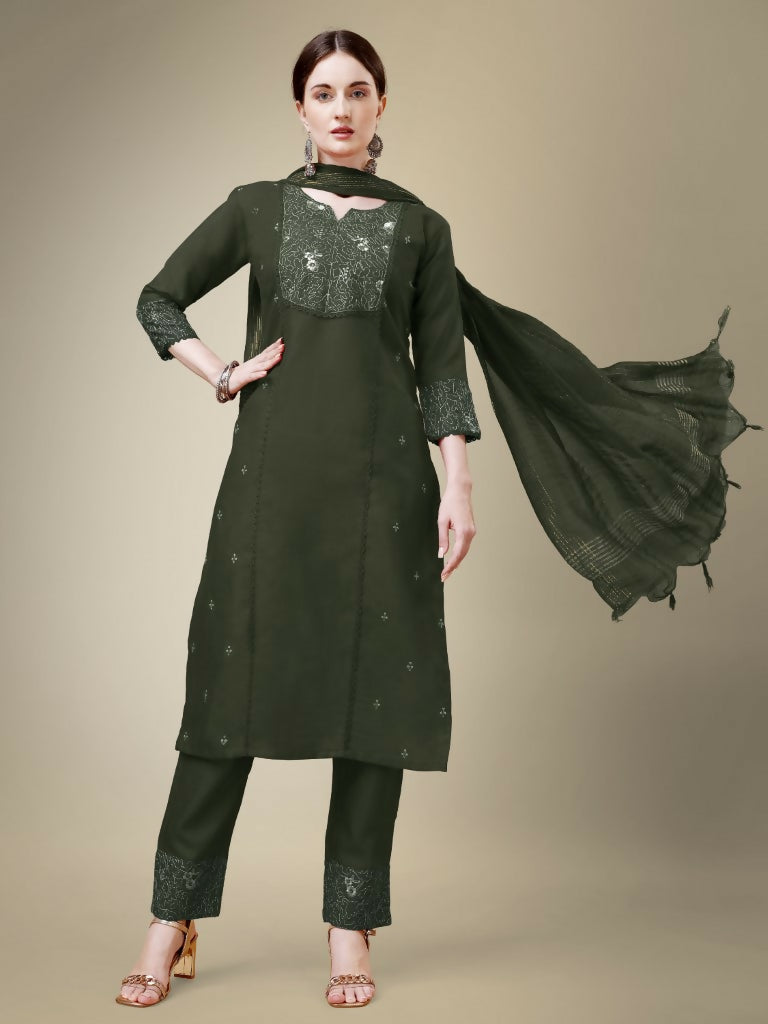 Jyoti Fashion Women's Dark Green Cotton Blend Embroidery & Fancy Lace work Kurta with Trouser & Dupatta | Grocsy