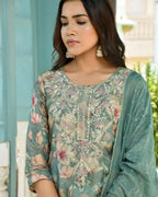 Vaasva Women's Teal Tissue Embroidered Suit Set With Solid Pant And Embroidered Dupatta | Grocsy