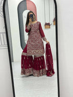 Teeya Creation Womens New Heavy Fox Georgette Fabric With Heavy Embroidery Work Red Kurta Set | Grocsy