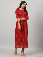 Juniper Women's Maroon Festive Printed Flared Dress | Grocsy