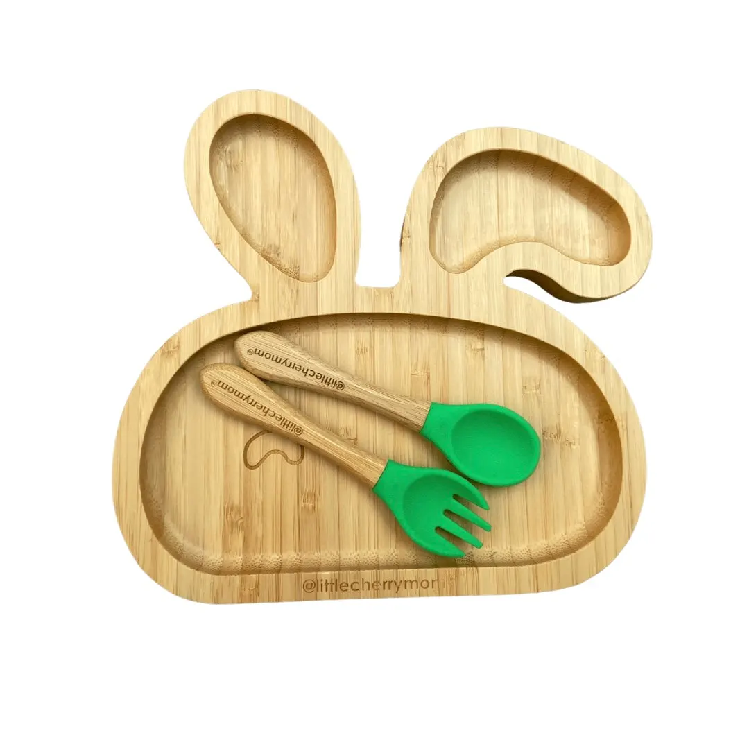 Littlecherrymom Bunny Bamboo Suction Plate (With Fork And Spoon) | Grocsy